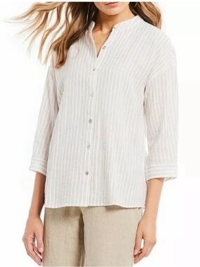 Eileen Fisher Organic Cotton Mandarin Collar Striped Button Down 3/4 Top Khaki M